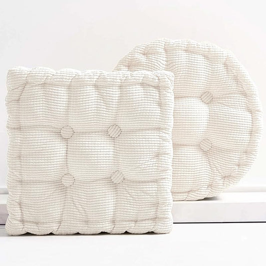 Meditation Floor Pillow Set of 2 Large Square and Round Floor Cushions for Adults White Corduroy Floor Seat Pillows Cushion for Living Room Balcony Tatami Yoga,18x18 Inch - color: White