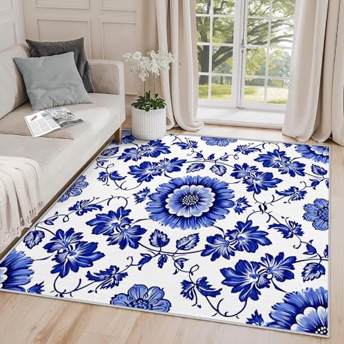 6x9 Rug, Blue Floral Rug Washable Non Slip Soft for Living Room Bedroom, Blue and White Botanical Area Rug, Oriental Traditional Flower Carpet, Blue Floral Home Decor & Gifts - color: Blue Floral Decor, size: 6' x 9' (Rectangular)