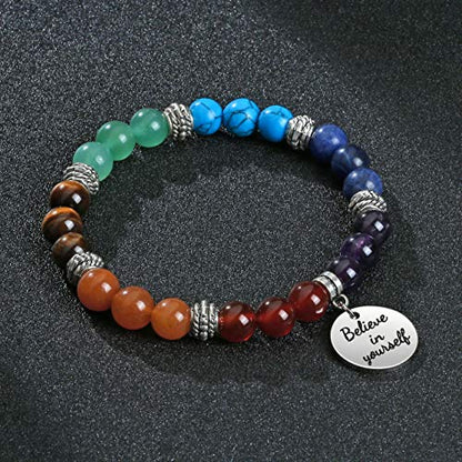Top Plaza 7 Chakra Stone Bead Bracelets Yoga Reiki Healing Crystals Gemstone Beaded Bracelet Friendship Inspirational Message Charm Bracelet for Women Men - color: Believe in yourself