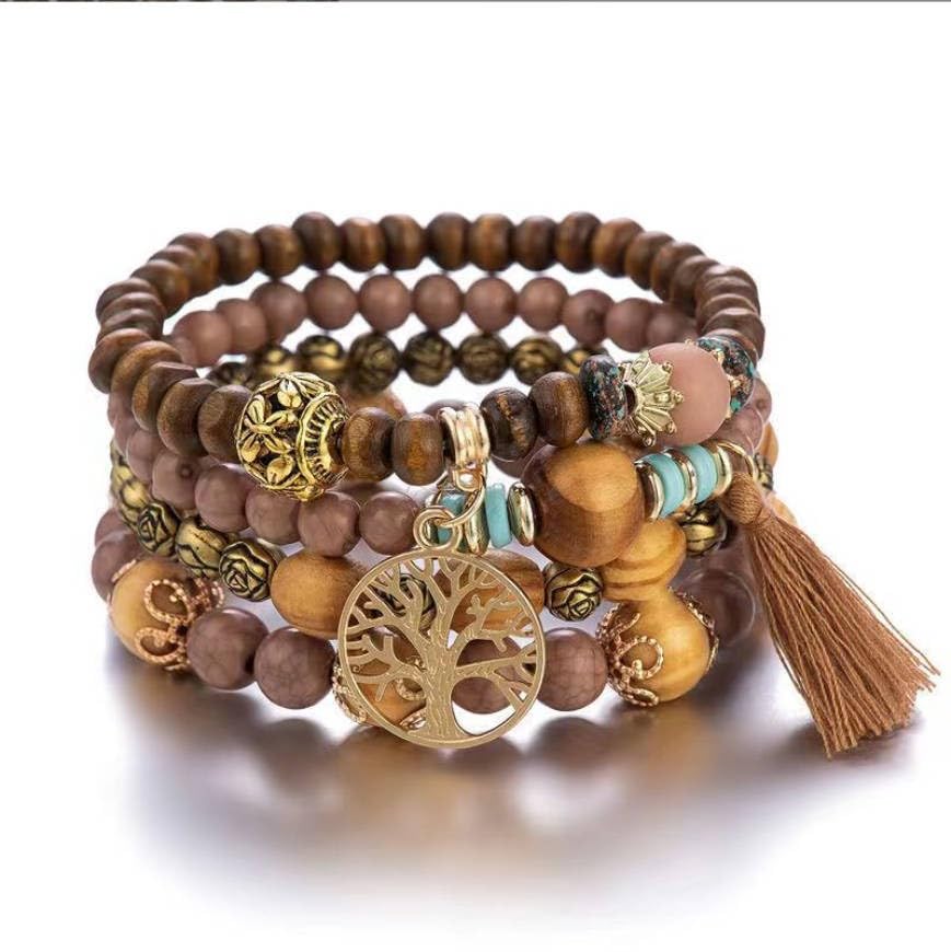 Bohemian Layered Wood Bead Bracelet Set, Elastic Stackable Bracelets with Tree of Life Charm & Tassel - color: Brown