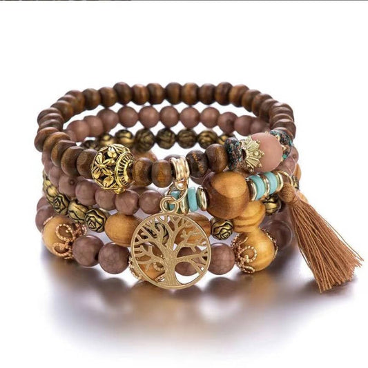 Bohemian Layered Wood Bead Bracelet Set, Elastic Stackable Bracelets with Tree of Life Charm & Tassel - color: Brown