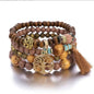 Bohemian Layered Wood Bead Bracelet Set, Elastic Stackable Bracelets with Tree of Life Charm & Tassel - color: Brown