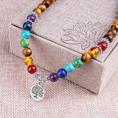 108 Mala Beads Necklace 7 Chakra Tree of Life Pendant Prayer Buddha Bracelets Healing Stone Yoga Men Women Jewelry - color: Praye Tiger Eye
