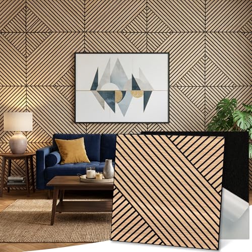 Art Acoustic Wall Panels, 23.6x23.6 Inch 8 Pack, PVC Wood Grain Veneer, Sound Absorbing Self-Adhesive Wall Decor, Staggered Melodies, Natural Oak, for Home & Studio - color: Staggered Melodies, Natural Oak, size: 8 Pack Curved