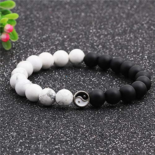 Fashion Men Women Taiji Yin Yang Feng Shui Charm Bracelet Natural White Turquoise and Black Beaded Couple Bracelets Friendship Distance Bracelet Jewelry - color: White Black