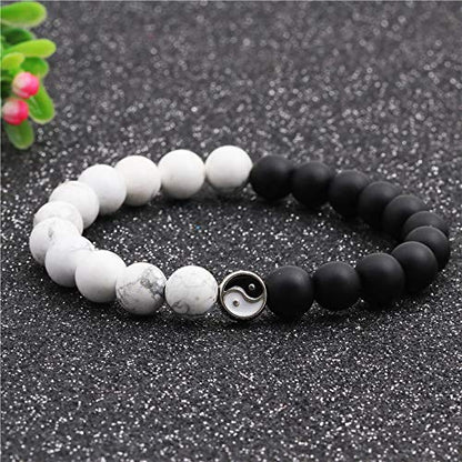 Fashion Men Women Taiji Yin Yang Feng Shui Charm Bracelet Natural White Turquoise and Black Beaded Couple Bracelets Friendship Distance Bracelet Jewelry - color: Couple