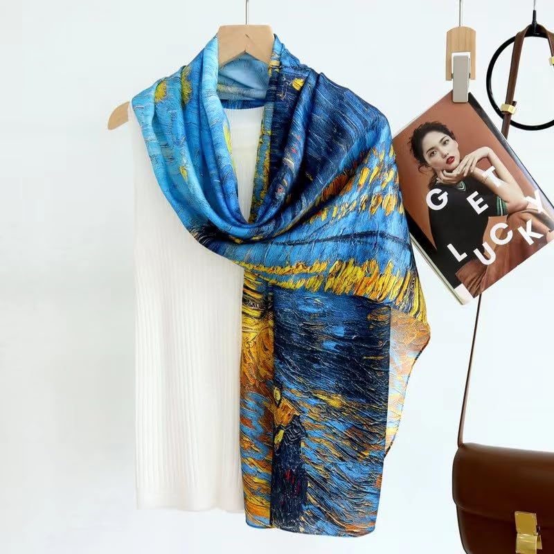 100% Mulberry Silk Long Scarf for Women Large Shawls for Headscarf and Neck- Oblong Hair Wraps with Gift Packed - color: Oil Painting