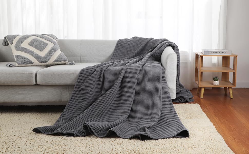 100% Cotton Waffle Blanket (Dark Grey - King Size - 104 * 90''), Pre-Washed and Anti-Shrinkage Soft Lightweight Bed & Couch Blanket, 380 GSM Waffle Weave Throw Blanket for All Seasons - color: Dark Grey, size: King (104"*90")