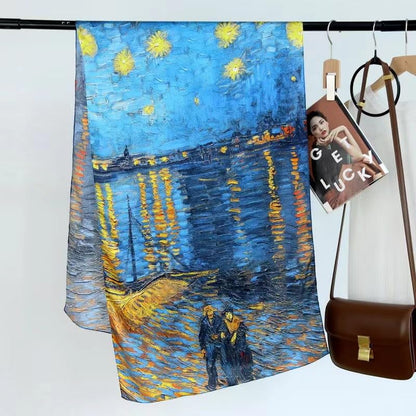 100% Mulberry Silk Long Scarf for Women Large Shawls for Headscarf and Neck- Oblong Hair Wraps with Gift Packed - color: Oil Painting