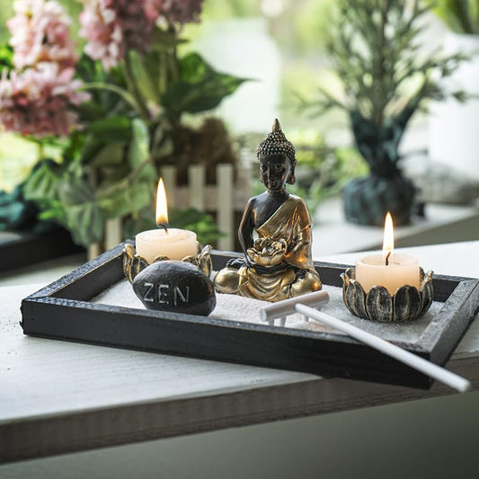 Summit Collection Gifts Meditation Zen Garden Set with Black and Gold Buddha Figurine Two Lotus Tea Light Candle Holders White Sand Decorative Wood Display Tray Decor 9" x 5"
