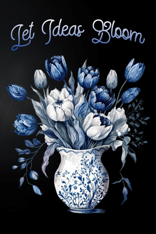 Let Ideas Bloom Journal: Blue and White Watercolor Flowers in Vase on Black Cover – 150 Pages with Floral Watermark.: A Beautiful Notebook for Journaling, Reflection, Planning, and Daily Writing.