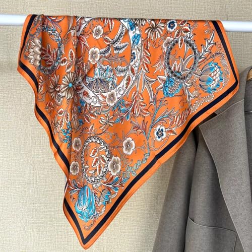 100% Pure Mulberry Silk Scarf 35" Large Square Lightweight Headscarf –Women’s Hair Wraps-With Gift Packed - color: Floral-orange