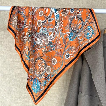 100% Pure Mulberry Silk Scarf 35" Large Square Lightweight Headscarf –Women’s Hair Wraps-With Gift Packed - color: Floral-orange