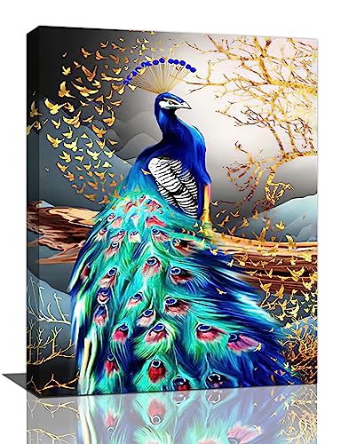 yerretin Peacock Wall Art Peacock Golden Tree Pictures Wall Decor Bird Canvas Painting Modern Decoration Artwork for Bathroom Living Room Bedroom Office Framed 12"x16" - color: Peacock, size: 16"L x 12"W