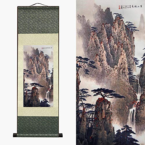 AtfArt Asian Wall Decor - Beautiful Silk Scroll Painting: Waterfall River Landscape - Autumn in Huangshan Mountain Oriental Decor - Chinese Wall Hanging (36.2 x 12 in) - color: A6