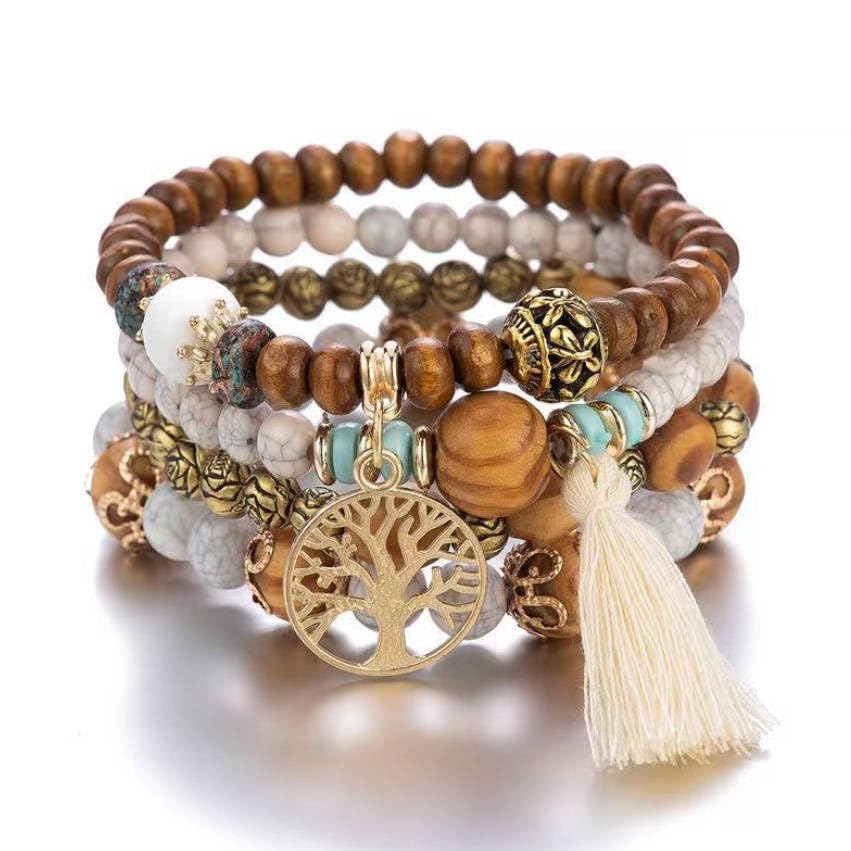 Bohemian Layered Wood Bead Bracelet Set, Elastic Stackable Bracelets with Tree of Life Charm & Tassel - color: White