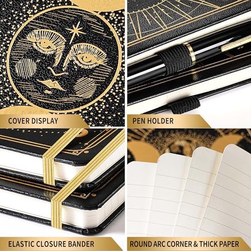 Artfan Ruled Notebook/Journal – Premium Thick Paper Classic Writing Notebook with Pocket + Page Dividers Gifts, Banded, Large, 128 Pages, Hard Cover, Lined (5.3" x 8.26") - Sun and Moon - color: BLACK16