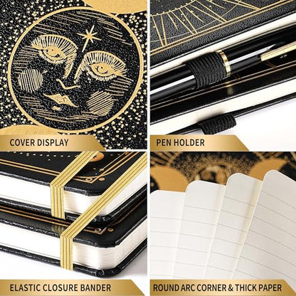 Artfan Ruled Notebook/Journal – Premium Thick Paper Classic Writing Notebook with Pocket + Page Dividers Gifts, Banded, Large, 128 Pages, Hard Cover, Lined (5.3" x 8.26") - Sun and Moon - color: BLACK16