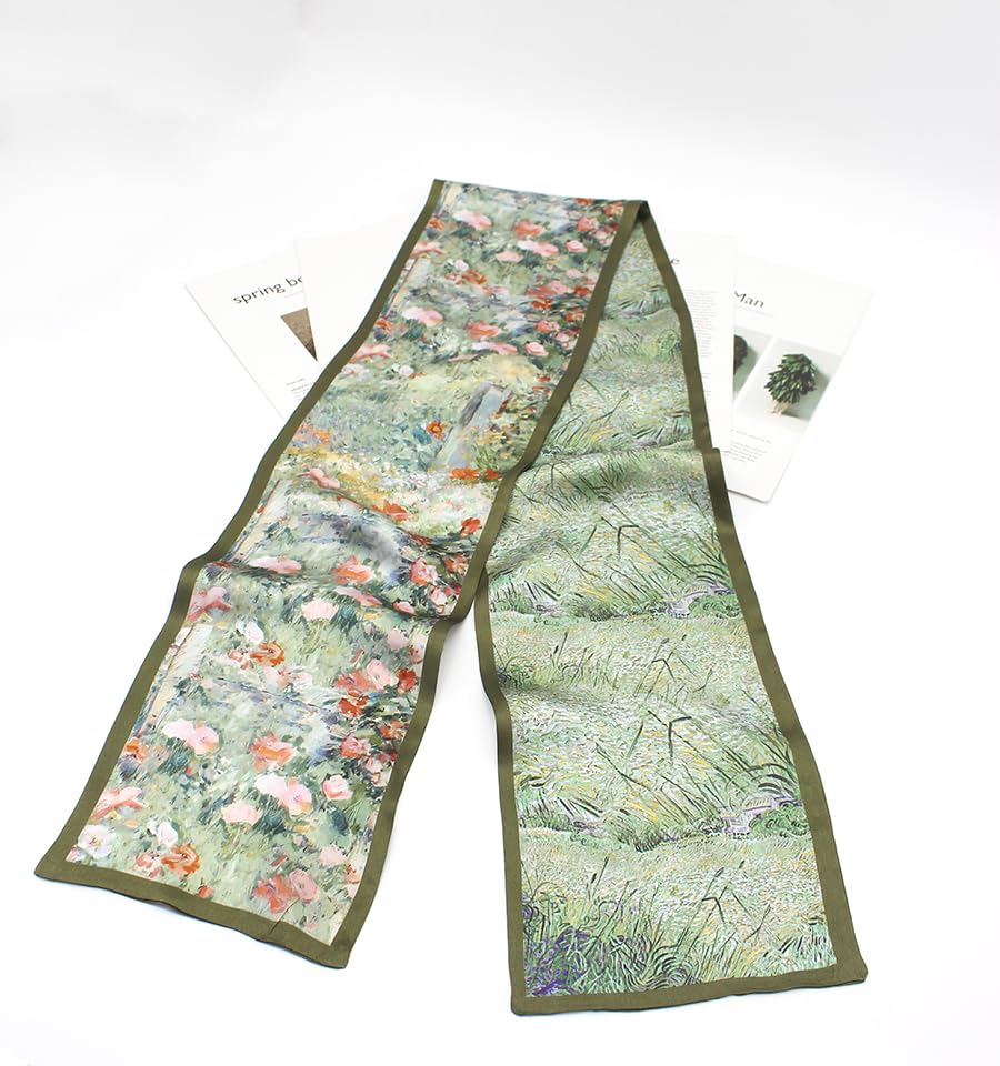 ANDANTINO 100% Silk Scarf for Women 59”*6.3” Long Shawls for Headscarf and Neck- Oblong Hair Wraps with Gift Packed - color: Oil Painting-green