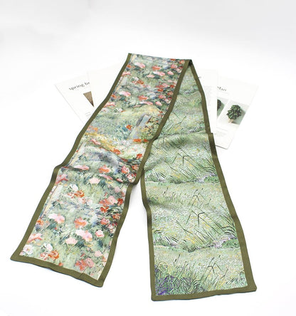 ANDANTINO 100% Silk Scarf for Women 59”*6.3” Long Shawls for Headscarf and Neck- Oblong Hair Wraps with Gift Packed - color: Oil Painting-green