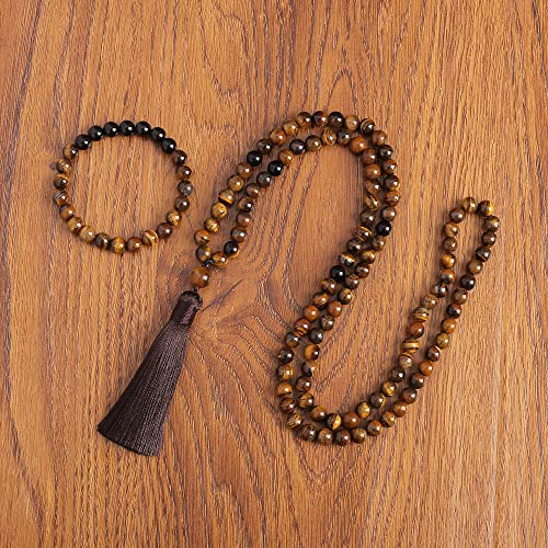 108 Mala Prayer Beads Necklace 8mm Natural Stones Meditation Yoga Jewelry Sets 108 Hand Made Japa Mala Beaded Long Tassel Necklace with Tassel Pendant for Men and Women - color: Yellow Tiger Eye+Black Onyx