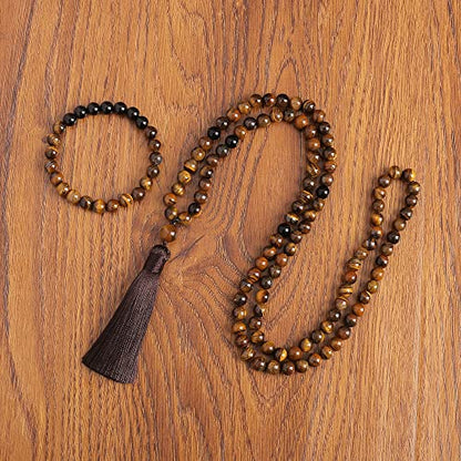108 Mala Prayer Beads Necklace 8mm Natural Stones Meditation Yoga Jewelry Sets 108 Hand Made Japa Mala Beaded Long Tassel Necklace with Tassel Pendant for Men and Women - color: Yellow Tiger Eye+Black Onyx