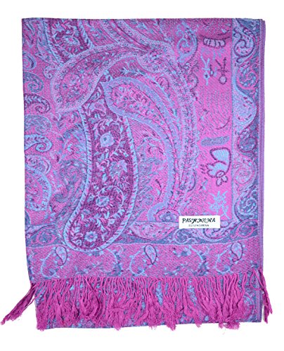 Plum Feathers Tapestry Ethnic Paisley Pattern Pashmina Shawl Scarf, Womens Pashmina Shawl Wrap with Fringes - color: Purple Tapestry