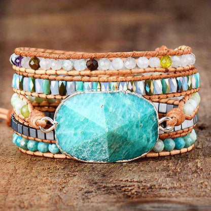 Boho Wrap Bracelet for Women, Handmade Natural Imperial Jasper Multi-Layer Stone Beaded Bracelet, Bohemian Healing Crystal Stone Jewelry Gifts - color: Amazonite
