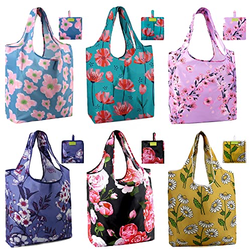 BeeGreen Flower Reusable Shopping Bags Cute Grocery Bag 6 Pack, Christmas Gift Bags Heavy-Duty Foldable Shopping Totes for Supermarket, Work & Travel, Large Washable Polyester Tote Bag with Handles - color: Green, Pink, Purple, Red, Yellow