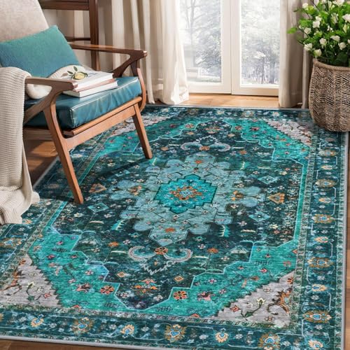 Ciicool 3x5 Entryway Rug Indoor,Washable Non-Slip Low Pile Ultra Soft Area Rugs for Large Kitchen Bedroom Bedside Living Room Distressed Boho Carpet Home Decor - color: Teal/Multi, size: 3' X 5' (Rectangular)