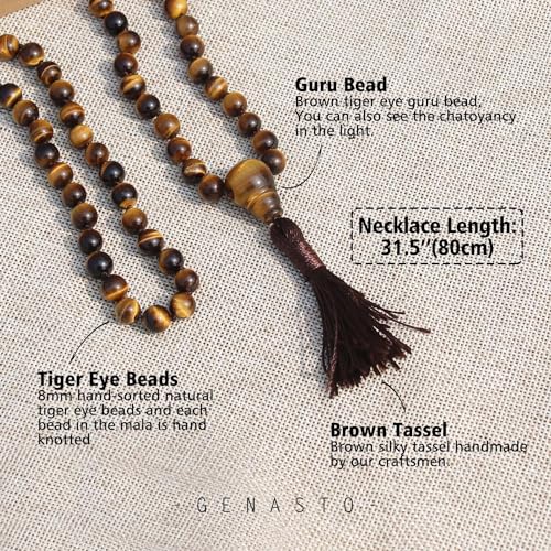 Mala Prayer Beads Necklace for Men - Protection Healing Crystal Beaded Necklace Japa Mala Necklaces with Tassel Natural Stone Jewelry for Meditation and Yoga