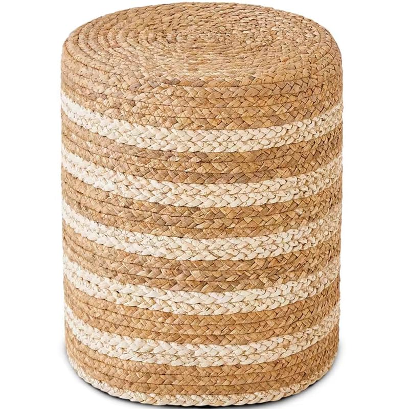 Ottoman Natural Seagrass Foot Rest Stool Hand Weave Round Foot Stool Pouf Boho Vanity Stools with Non-Skid Mat for Living Room Bedroom Hallway - color: Mix White-1