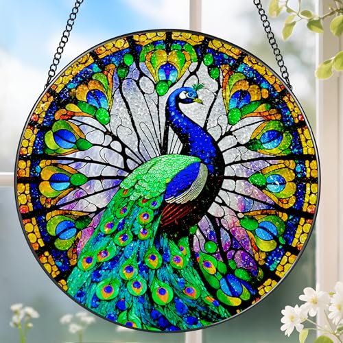 8 Inch Stained Glass Suncatcher Ornament, DOUHASU Peacock Sun Catchers Indoor Window, Stained Glass Window Hanging, Home Decor, Peacock Lovers for Mom, Grandma, Friend, Bestie, Couple - color: Peacock