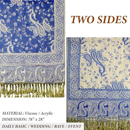 Achillea Reversible Paisley Pashmina Rave Scarf – Exotic Indian Shawls and Wraps for Evening Dresses, Festivals, All Seasons - color: Royal Blue