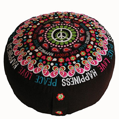 Meditation Cushion Zafu Pillow Buckwheat & Kapok Fill - Limited Edition Love Peace Happiness - color: Love Peace Happiness