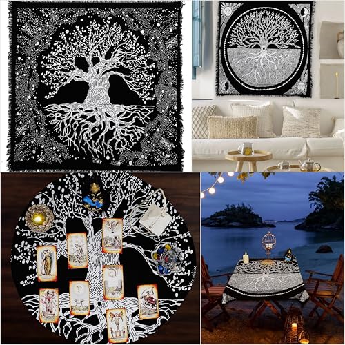 Indian Consigners Tree of Life Altar Cloth Tapestry Tablecloth Celtic Trees Ritual Spiritual Cloth for Sacred Places, Cotton Square Tarot Table Cover 24 by 24 Sacred - color: Silver Trunk Tree, size: 24" x 24" (Square)