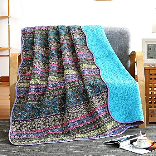 NEWLAKE Quilt Throw Blanket with Reversible Floral Patchwork, Blue Jacquard, 60X78 Inch - color: Ocean Blue