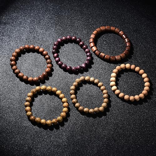 Wooden Beaded Bracelet Multi-Layered Stretch Bracelet for Men and Women Elastic Bracelet 6pcs - color: A-02