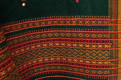 Exotic India Shawl from Kutch with Embroidered Bootis and Mirrors - Wool - color: Trekking Green