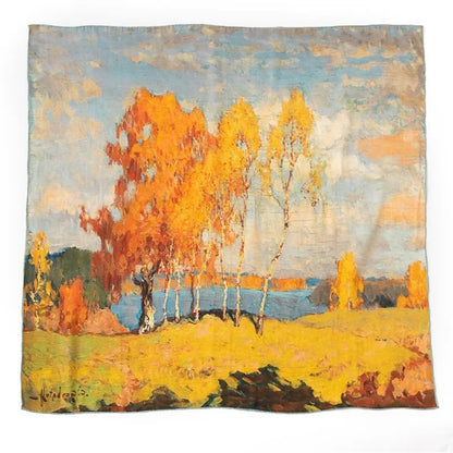 100% Silk Scarf 43" Large Square Lightweight Headscarf& Shawl–Women Hair Wraps-With Gift Packed - color: Oil Painting-blue&gold