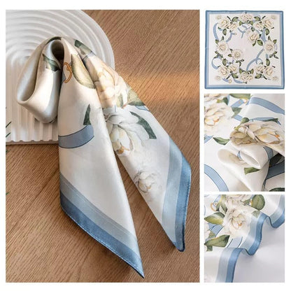 ANDANTINO 100% Mulberry Silk Scarf -21” Lightweight Square Neckerchief – Breathable Digital Printed Scarves with Gift Packed - color: Floral-pale Blue
