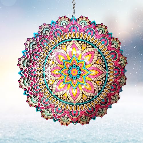 Mandala Blossom Wind Spinner - Metal Wind Spinners | 12inch 3D Kinetic Laser Cut Hanging Wind Sculpture & Wind Catcher | Outdoor Decor for Garden, Patio, Yard Art - color: Mandala Blossom