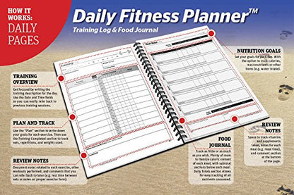 Daily Fitness Planner - Gym Workout Training Log, Weightlifting Exercise Journal, and Food/Diet Tracker - Daily and Weekly Pages, Goal Tracking, Spiral-Bound, 7 x 10 inches