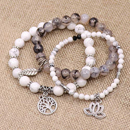 Tree of Life Yoga Healing Stone Bracelets,Multilayer Lotus Chakra Stone Reiki Bracelet Sets,Anxiety Crystal Natural Stone,for Women Stress Relief - style: White Turquoise + Dragon Pattern Stone