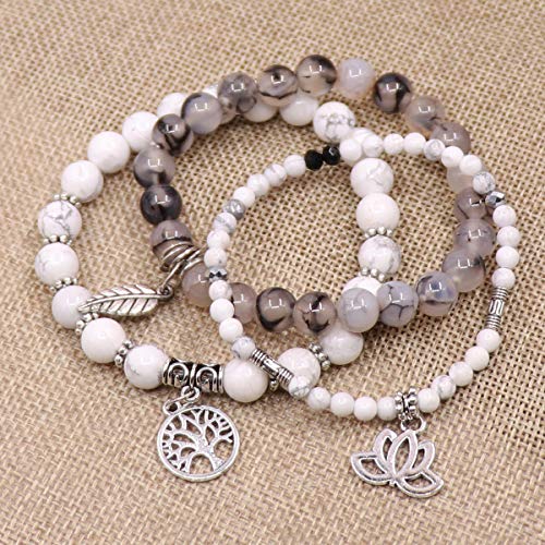 Tree of Life Yoga Healing Stone Bracelets,Multilayer Lotus Chakra Stone Reiki Bracelet Sets,Anxiety Crystal Natural Stone,for Women Stress Relief - style: White Turquoise + Dragon Pattern Stone