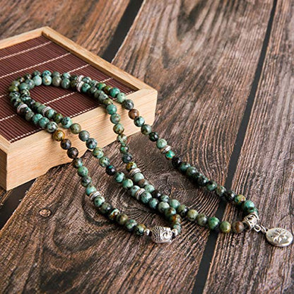 Bivei 108 Mala Beads Necklace Long Beaded Wrap Bracelets Genuine Gemstone Mala Prayer Beads Lotus Buddha Charm Yoga Meditation Necklace - color: African Turquoise-Lotus OM-Buddha