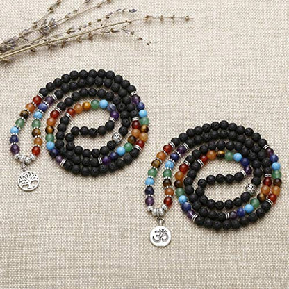 Jovivi 6mm Mala Beads 108/Lava Rock 7 Chakra Tree of Life/Hamsa/OM/Lotus/Elephant Charm Healing Crystal Bracelet Necklace