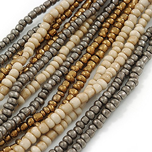 Avalaya Grey/Bronze/Antique White Glass Bead Multistrand Flex Bracelet With Wooden Closure - 19cm L