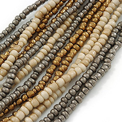 Avalaya Grey/Bronze/Antique White Glass Bead Multistrand Flex Bracelet With Wooden Closure - 19cm L