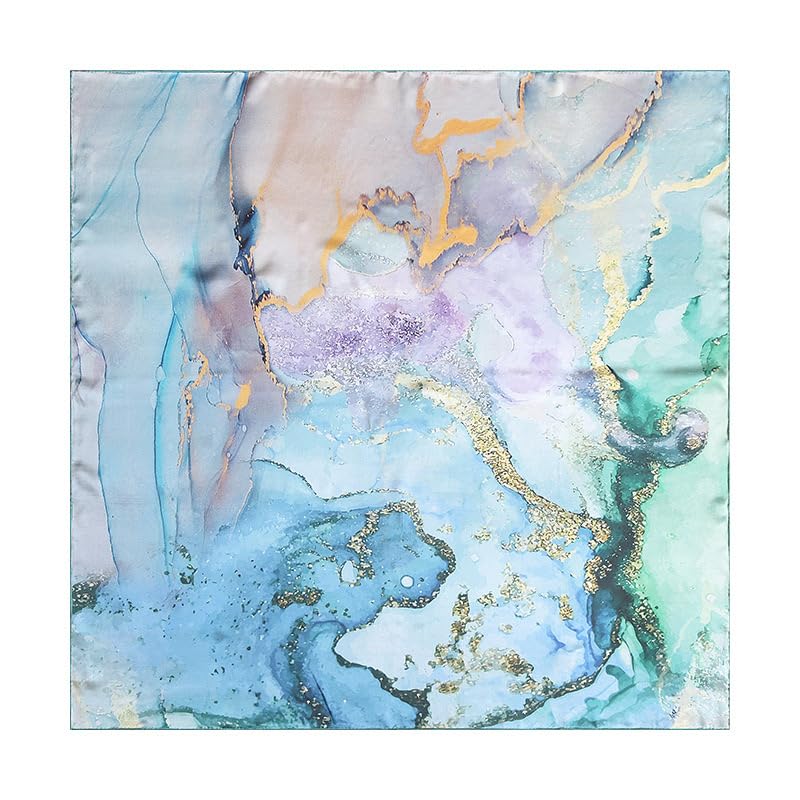 ANDANTINO 100% Silk Scarf 43" Large Square Lightweight Headscarf& Shawl–Women Hair Wraps-With Gift Packed - color: Light Green&blue